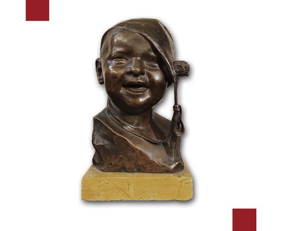 SMALL BRONZE STATUE OF CHILD WITH CAP BY P. PIRAINO EARLY 20TH CENTURY