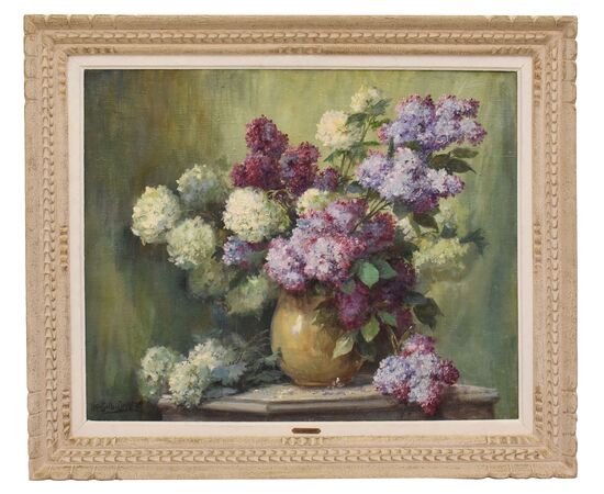ANTIQUE FLOWER PAINTINGS, LILAC VASE, STILL LIFE, OIL ON CANVAS, ART NOUVEAU, EARLY 20TH CENTURY. (QF698)