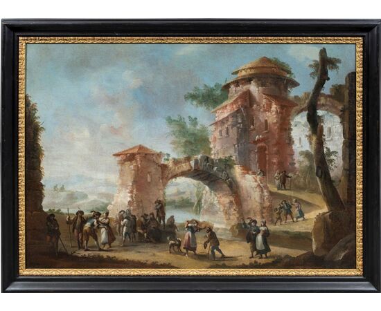 Pittore italiano (XVIII sec.) - Paesaggio con rovine e personaggi.