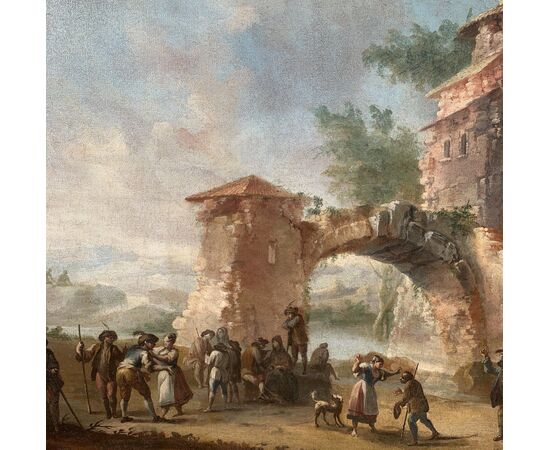 Pittore italiano (XVIII sec.) - Paesaggio con rovine e personaggi.