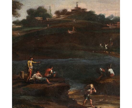 Pittore veneziano (XVIII sec.) - Paesaggio fluviale con personaggi.