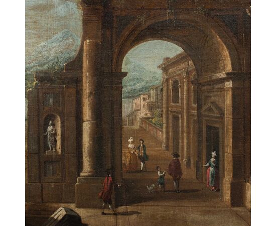 Francesco Battaglioli (Modena 1710 ca. - Venezia post 1796) - Capriccio architettonico con personaggi.