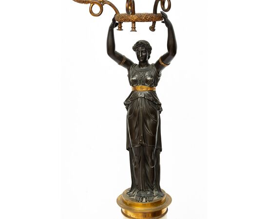 Pair of Charles X candlesticks/Flambeaux in patinated bronze and white statuary marble. France, early 19th century.