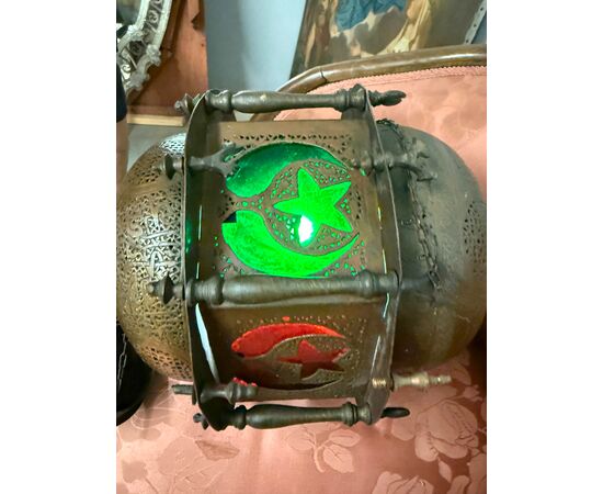 Antique Moroccan lantern from 1920 in copper and colored glass, 55x30cm