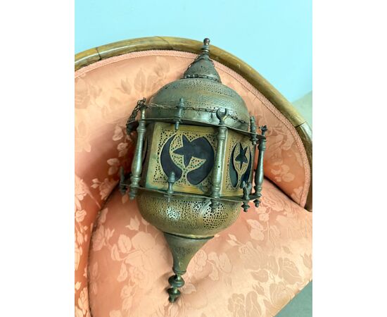 Antique Moroccan lantern from 1920 in copper and colored glass, 55x30cm