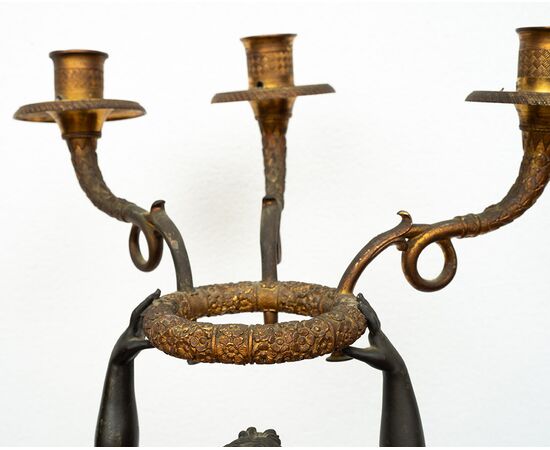Pair of Charles X candlesticks/Flambeaux in patinated bronze and white statuary marble. France, early 19th century.