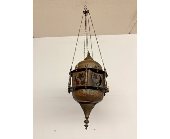 Antique Moroccan lantern from 1920 in copper and colored glass, 55x30cm