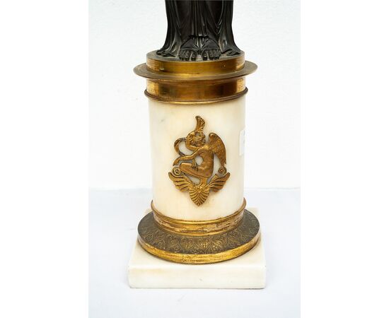 Pair of Charles X candlesticks/Flambeaux in patinated bronze and white statuary marble. France, early 19th century.
