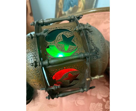 Antique Moroccan lantern from 1920 in copper and colored glass, 55x30cm