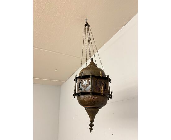Antique Moroccan lantern from 1920 in copper and colored glass, 55x30cm