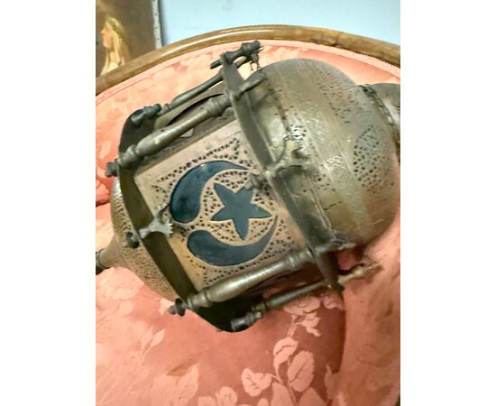 Antique Moroccan lantern from 1920 in copper and colored glass, 55x30cm