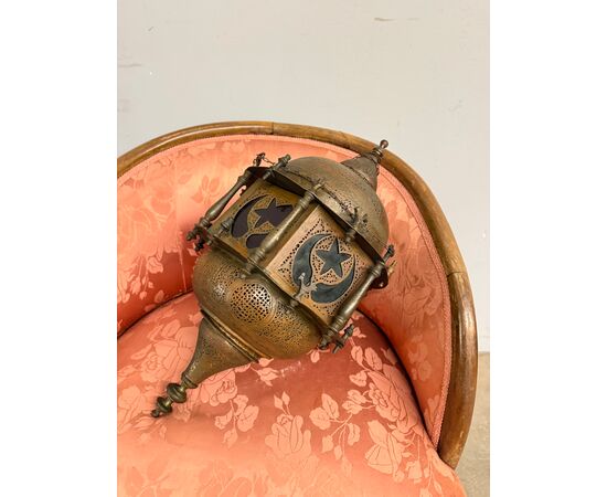 Antique Moroccan lantern from 1920 in copper and colored glass, 55x30cm