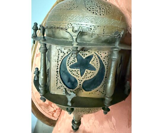 Antique Moroccan lantern from 1920 in copper and colored glass, 55x30cm