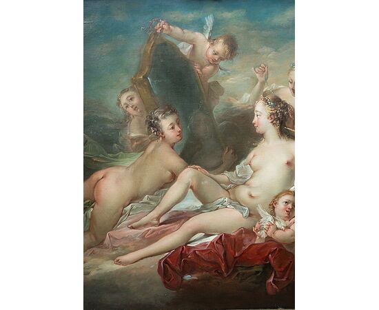 Dipinto antico olio su tela alla maniera di "Francois Boucher" raffigurante la Toletta di Venere.Francia XVIII secolo.