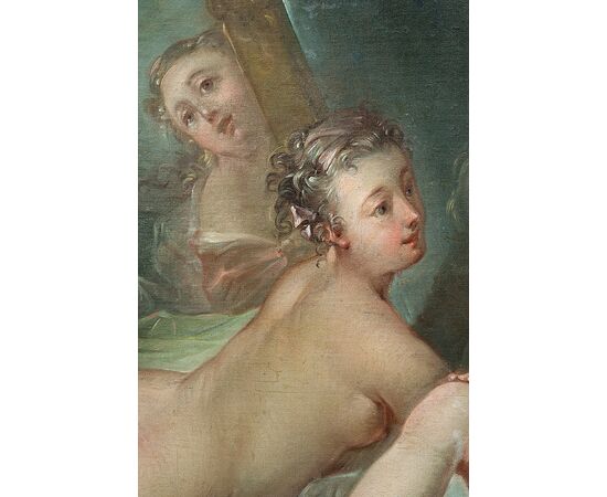 Dipinto antico olio su tela alla maniera di "Francois Boucher" raffigurante la Toletta di Venere.Francia XVIII secolo.