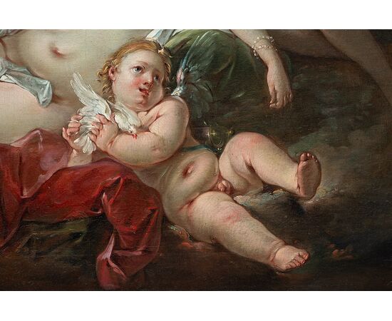 Dipinto antico olio su tela alla maniera di "Francois Boucher" raffigurante la Toletta di Venere.Francia XVIII secolo.