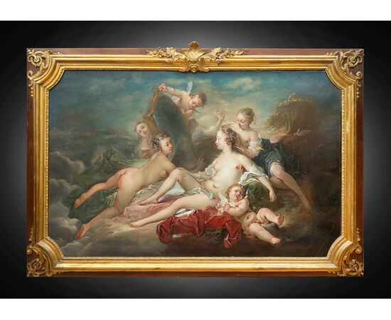 Dipinto antico olio su tela alla maniera di "Francois Boucher" raffigurante la Toletta di Venere.Francia XVIII secolo.
