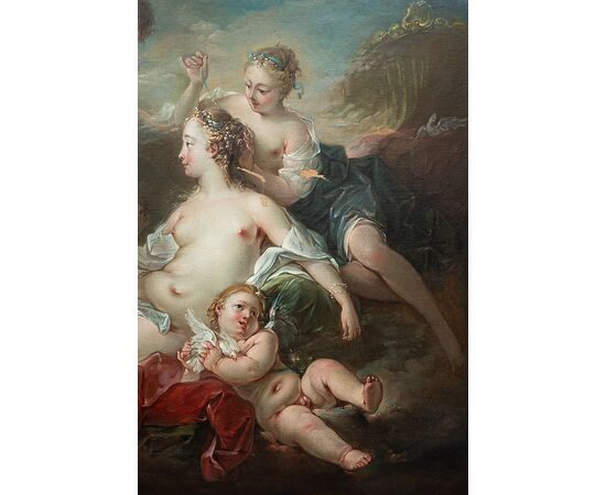 Dipinto antico olio su tela alla maniera di "Francois Boucher" raffigurante la Toletta di Venere.Francia XVIII secolo.