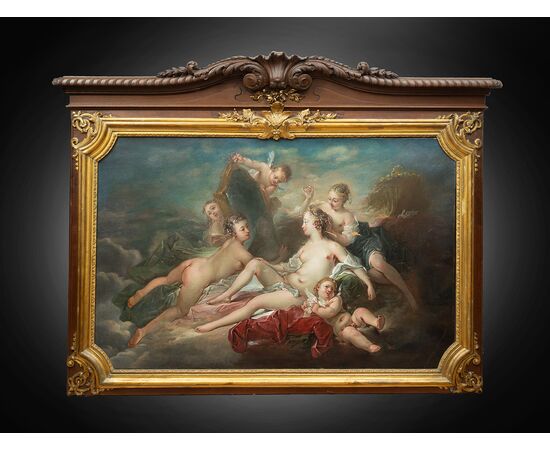 Dipinto antico olio su tela alla maniera di "Francois Boucher" raffigurante la Toletta di Venere.Francia XVIII secolo.