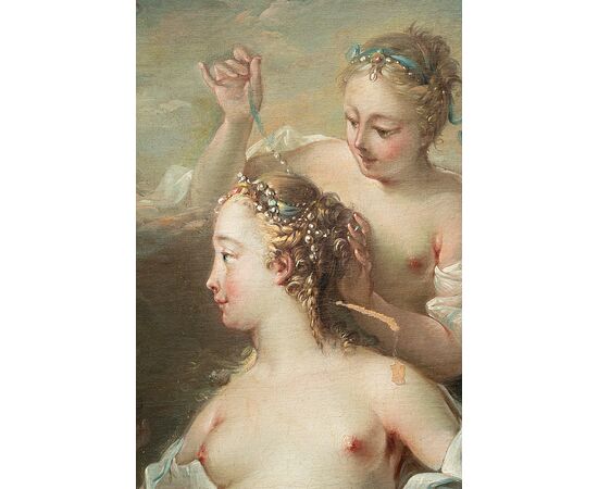Dipinto antico olio su tela alla maniera di "Francois Boucher" raffigurante la Toletta di Venere.Francia XVIII secolo.