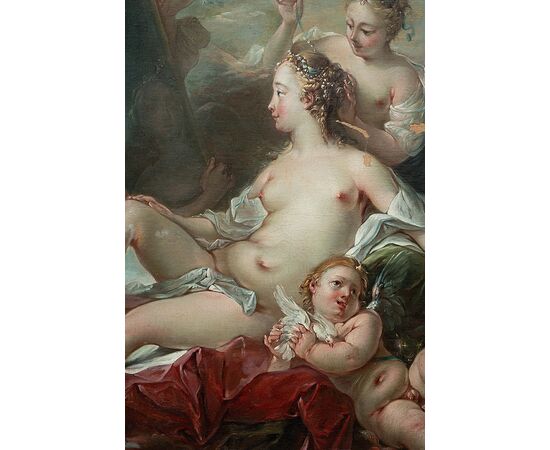 Dipinto antico olio su tela alla maniera di "Francois Boucher" raffigurante la Toletta di Venere.Francia XVIII secolo.