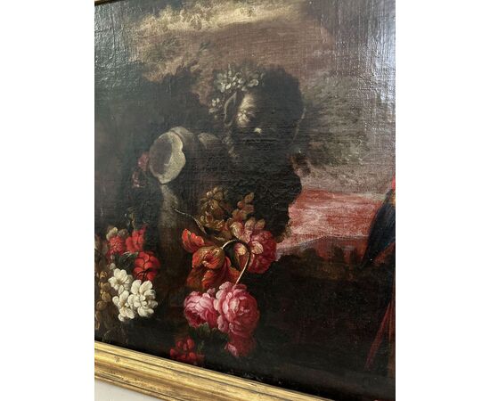 NATURA MORTA CON PAPPAGALLO, FAUNO E FIORI