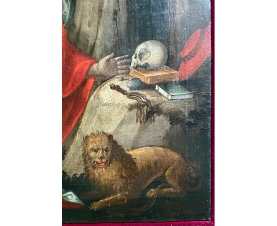 Dipinto olio su tela raffigurante San Girolamo penitente.
