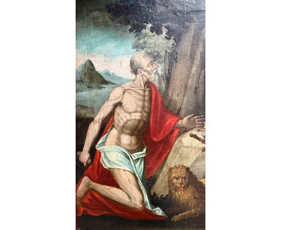 Dipinto olio su tela raffigurante San Girolamo penitente.