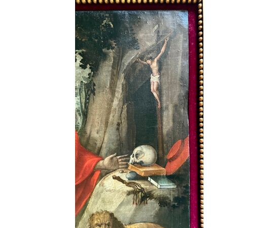 Dipinto olio su tela raffigurante San Girolamo penitente.