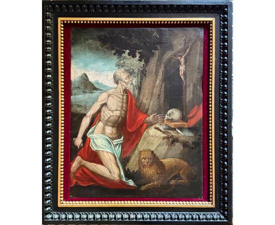 Dipinto olio su tela raffigurante San Girolamo penitente.