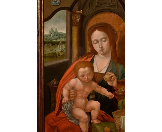 Madonna in trono con Bambino, Maestro del Pappagallo (Anversa, primi del XVI secolo), seguace