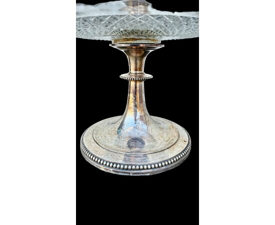 Silver-plated metal centerpiece/fruit bowl with frosted crystal bowl. Christofle. France.