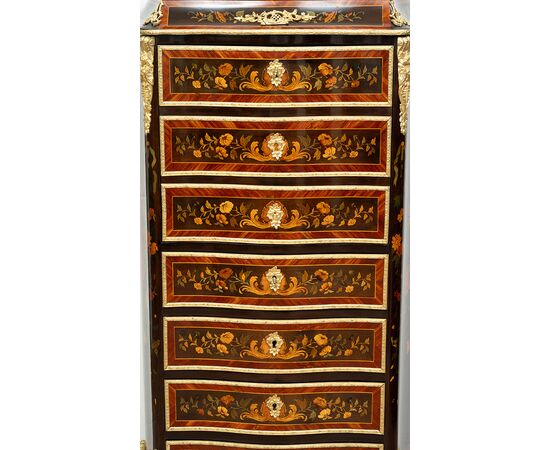 Secretaire Napoleone III in legni esotici pregiati con applicazioni in bronzo dorato. Francia XIX secolo.