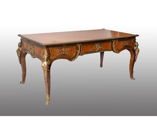 Scrivania /Bureau Plat antica Napoleone III Francese in legno esotico pregiato con innesti di elementi in bronzo dorato. Francia XIX secolo.