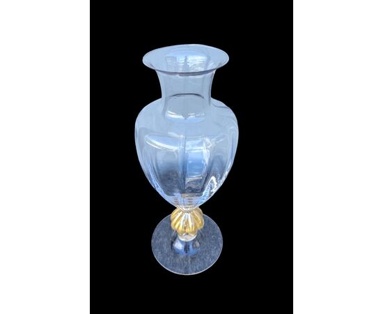 Globular transparent glass vase with gold leaf details. Murano.
