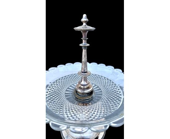 Silver-plated metal centerpiece/fruit bowl with frosted crystal bowl. Christofle. France.