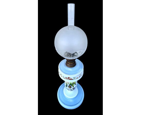 Milk glass oil lamp with light blue decoration and floral motifs. Kosmos Brenner manufacture. Germany.