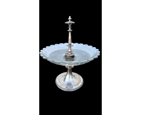 Silver-plated metal centerpiece/fruit bowl with frosted crystal bowl. Christofle. France.