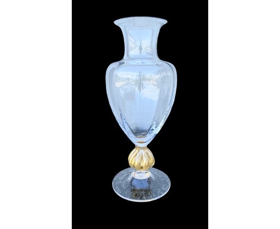 Globular transparent glass vase with gold leaf details. Murano.