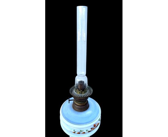 Milk glass oil lamp with light blue decoration and floral motifs. Kosmos Brenner manufacture. Germany.