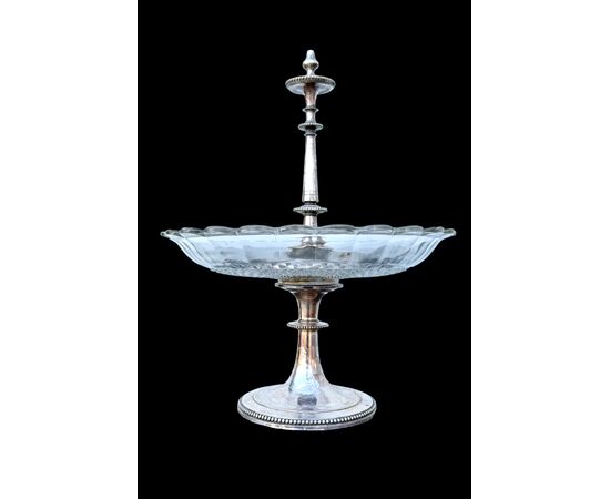 Silver-plated metal centerpiece/fruit bowl with frosted crystal bowl. Christofle. France.