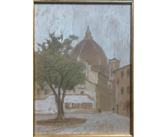 Painting in pastels, pencil, and white lead on paper depicting the Cathedral of Santa Maria del Fiore in Florence. Giovanni Secchi.