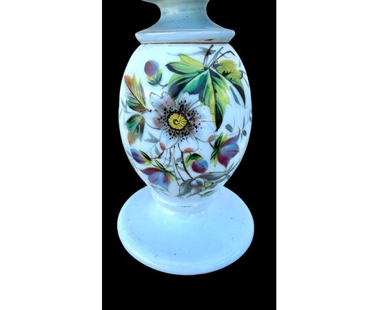 Milk glass oil lamp with light blue decoration and floral motifs. Kosmos Brenner manufacture. Germany.