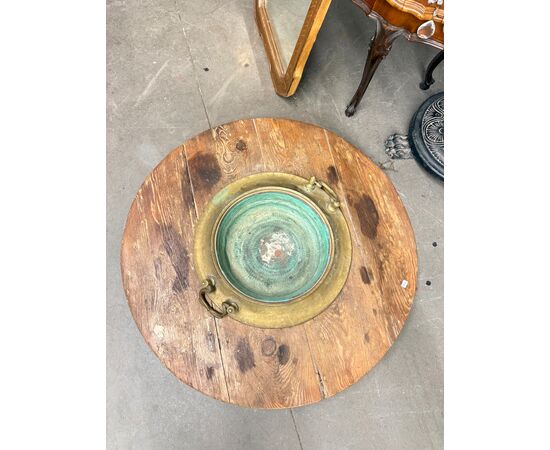 Antico braciere XIX sec. sud Italia, rame e legno, d.90cm