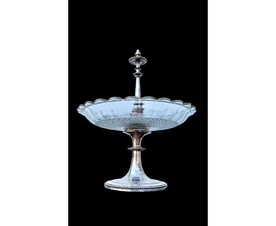 Silver-plated metal centerpiece/fruit bowl with frosted crystal bowl. Christofle. France.