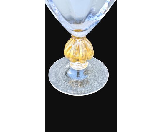 Globular transparent glass vase with gold leaf details. Murano.