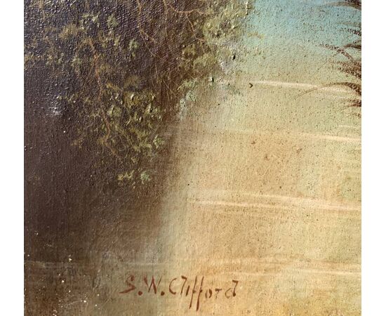 S.W. Clifford (British, fine XIX sec.) - Paesaggio boschivo con cascata.