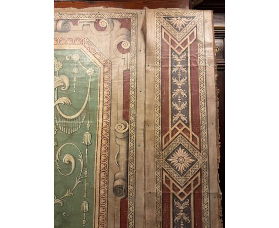 DARB244 - Antique boiserie painted on canvas, 18th century, maximum dimensions cm W 486 x H 260