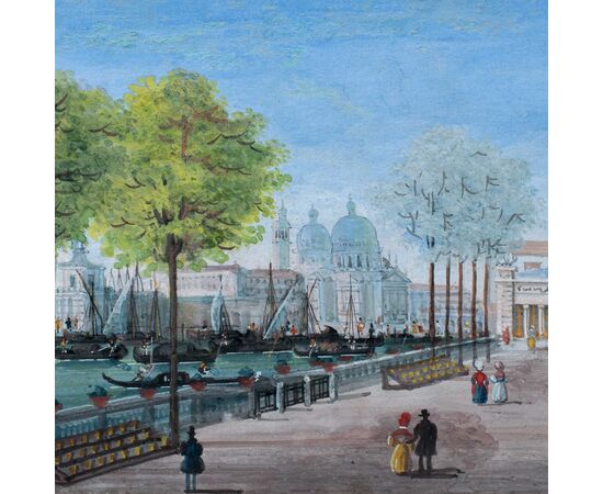 Venetian painter (early 19th century) - Venice, view of the gardens with the Coffee House towards the Basilica of S. M. della Salute.