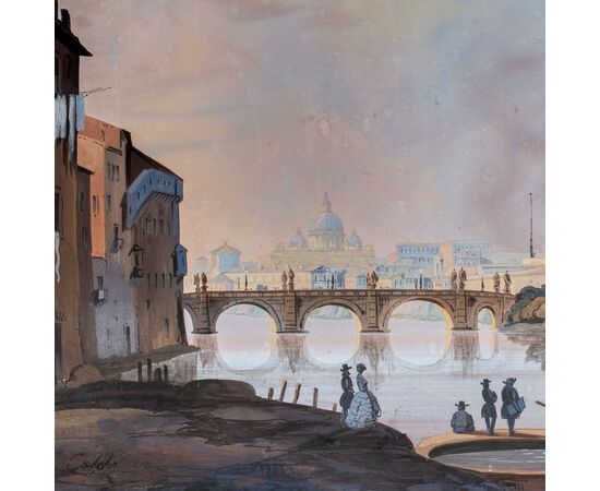 Seguace di Ippolito Caffi (Belluno 1809 - Lissa 1866) - Roma, veduta del Tevere verso Castel Sant’Angelo.